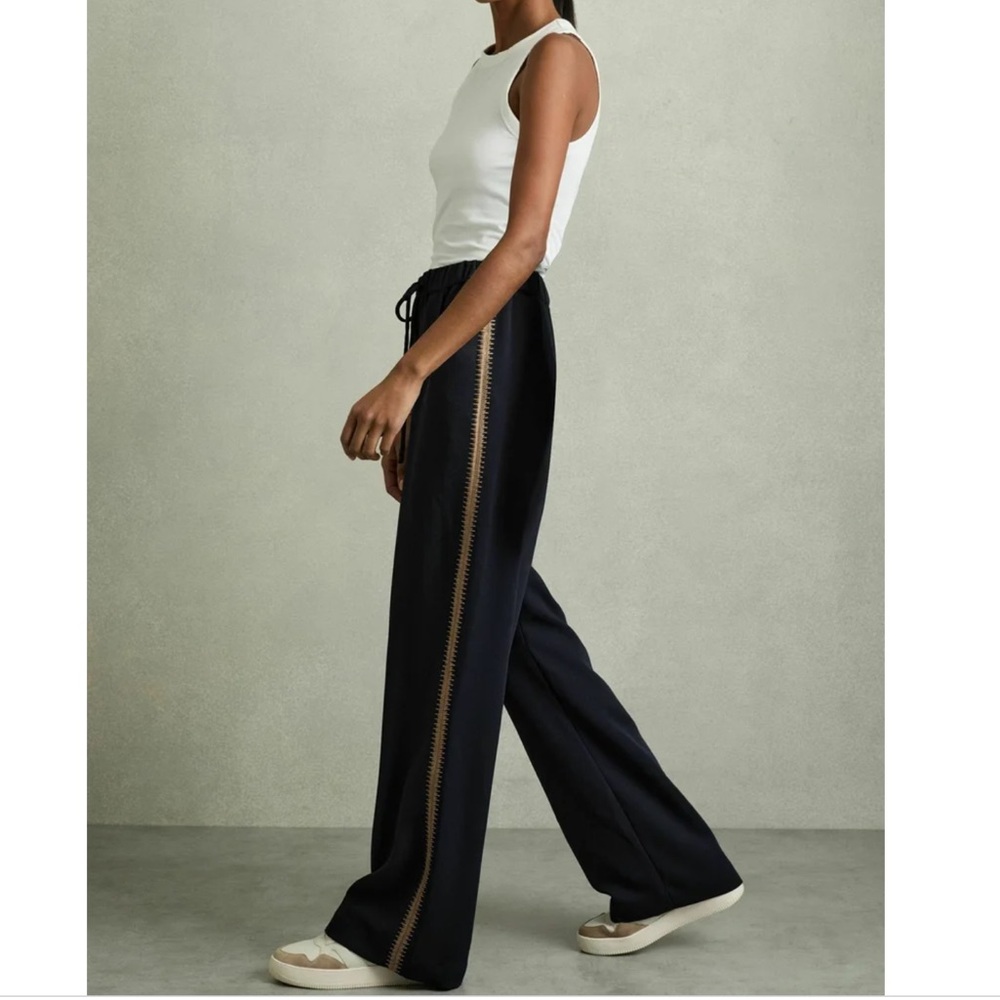 Reiss Inaya Wide Leg Pants Size 14 L Women High Rise Drawstring Pockets Preppy